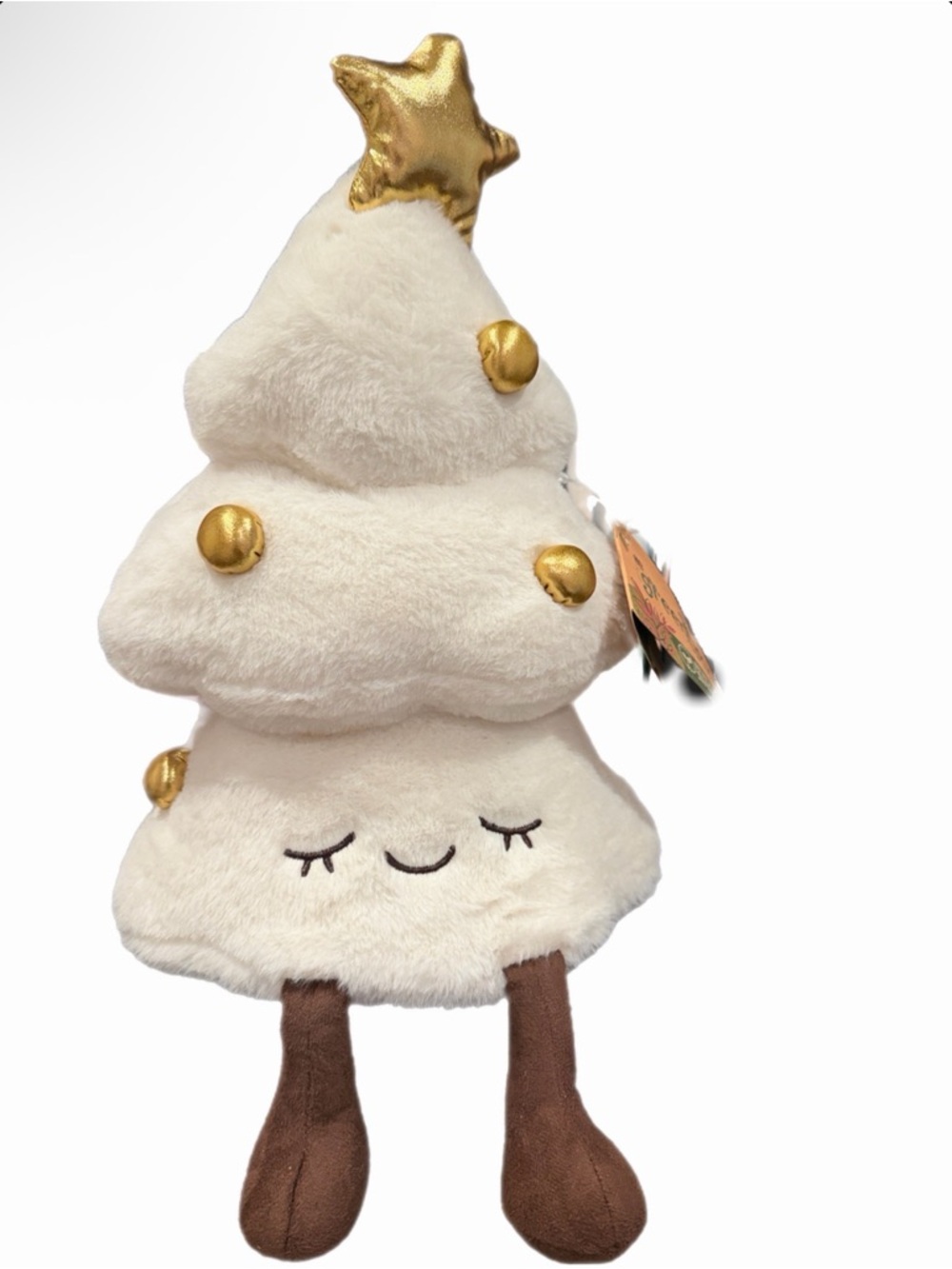 Cream Plush Holiday Tree Stuffed Animal with Gold Accents